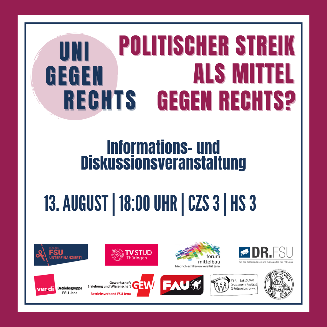 Sharepic zur Veranstaltung mit dem Text: Politischer Streik als Mittel gegen Rechts? Informations- und Diskussionveranstaltung. 13. August, 18:00 Uhr, CZS 3, HS 3